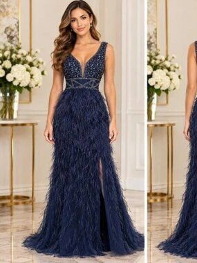 Sophia Thomas Blue Sequin Glitter Feather Plunge Mesh V-Neck Gown